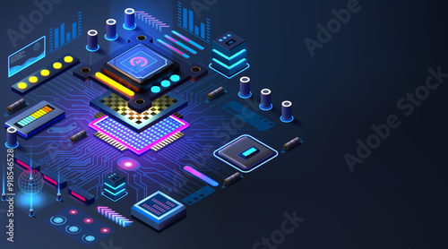 Semiconductor hardware. Computer motherboard chip. CPU microchip components of circuit technology. Electronic processor. Cyber engineering. PC microprocessor. Vector design background