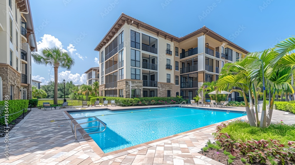 Fototapeta premium a large swimming pool next to a building with a palm tree in the foreground and a lawn area with chairs and tables..
