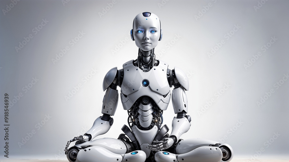 Fototapeta premium An advanced humanoid robot in a meditative pose, symbolizing the harmonious blend of technology and mindfulness, High resolution photography, high quality, high detail, hyper realistic, studio photogr