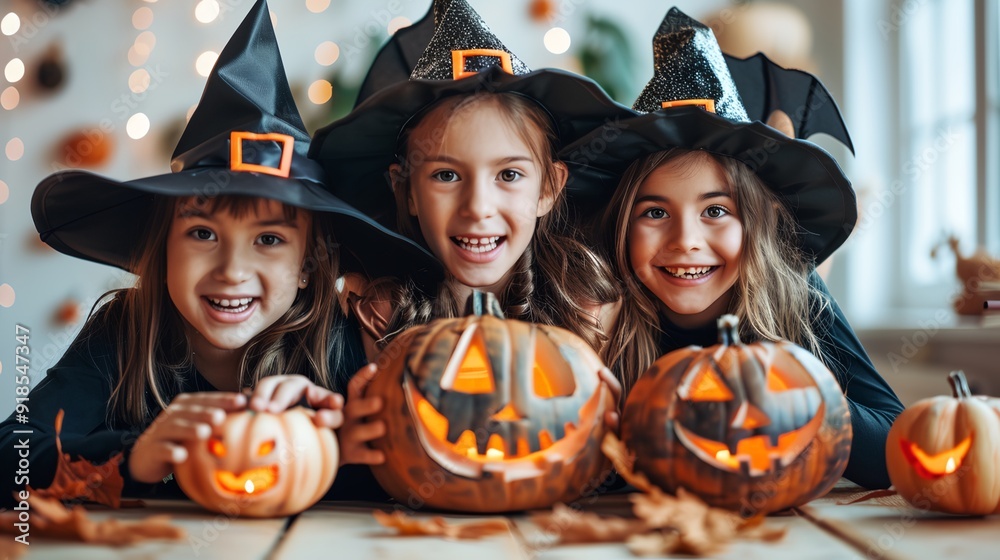 Fototapeta premium three girls in witches hats are posing for a picture with pumpkins on a table