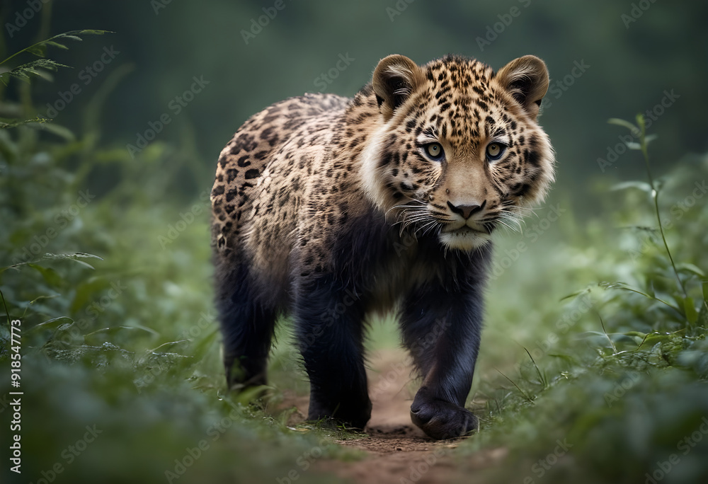 Fototapeta premium Young leopard walking on a path in the forest