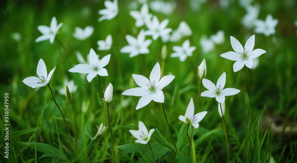 small white wildflowers in the grass, with a green background small white wildflowers in the grass, with a green background