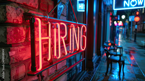 Concept is now hiring, glowing red Hiring now template board on bricks wall outside a cafe, 
