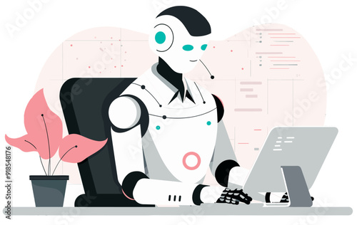 Robotic android working through Artificial intelligence in a costumer service office