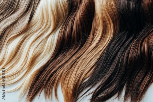 A variety of hair strands in blonde, brown, and brunette hues are neatly laid out from above, highlighting their texture and color differences