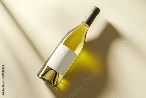 A bottle of white wine rests at an angle, displaying its sleek design and a blank label against a softly lit, neutral backdrop photo