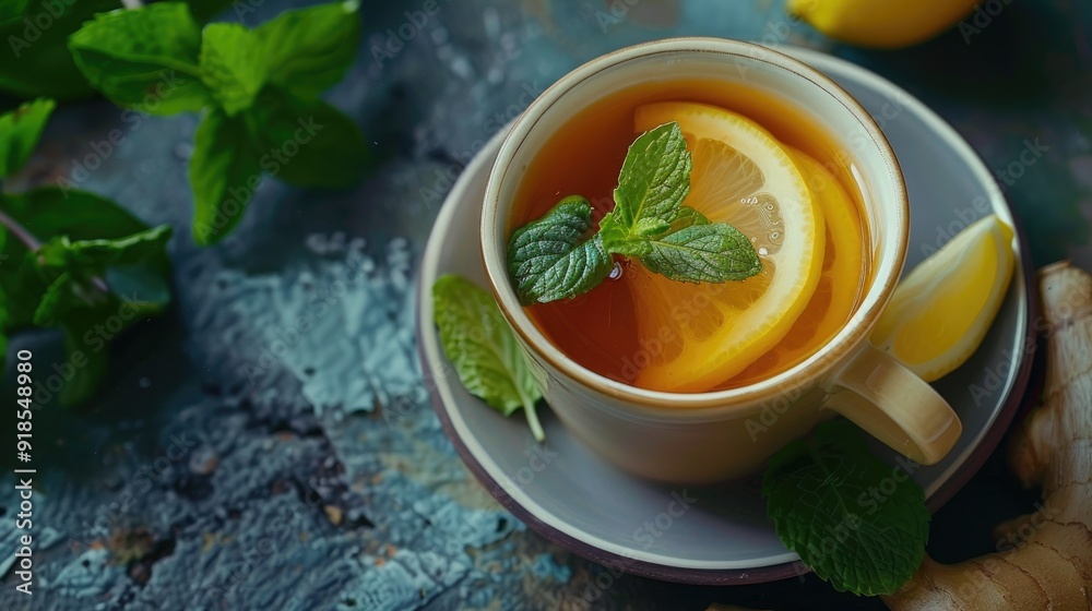 Cup of healthy ginger tea with mint leaves and lemon. Space for your text Cup of healthy ginger tea with mint leaves and lemon. Space for your text
