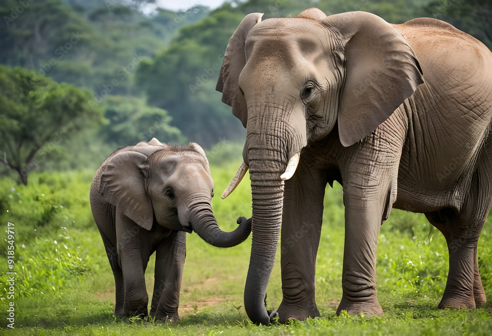 Obraz premium Baby elephant touching trunks with mother elephant in green field