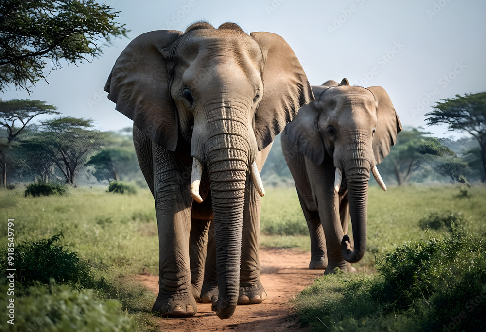 Fototapeta premium Two wild african elephants walking on dirt road