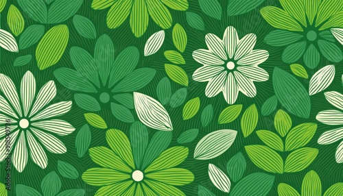 Flower garden background design. Abstract geometric  seamless pattern. Green nature graphic banner.