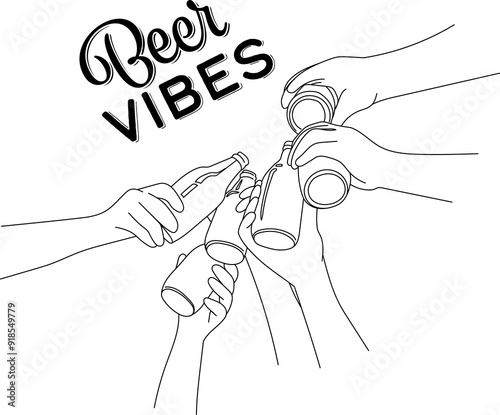 Canvas Print Hands clink beer bottles outline illustration with a lettering Beer Vibes