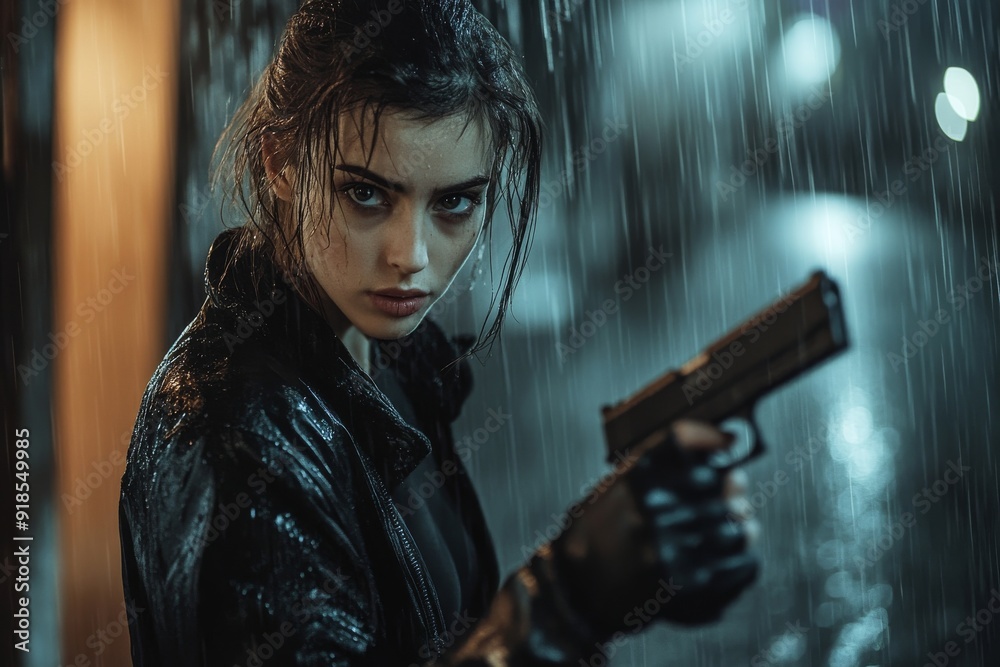A young woman strides confidently through a drenched street, gripping a gun tightly, her expression fierce amid the pouring rain in a dark urban landscape A young woman strides confidently through a drenched street, gripping a gun tightly, her expression fierce amid the pouring rain in a dark urban landscape
