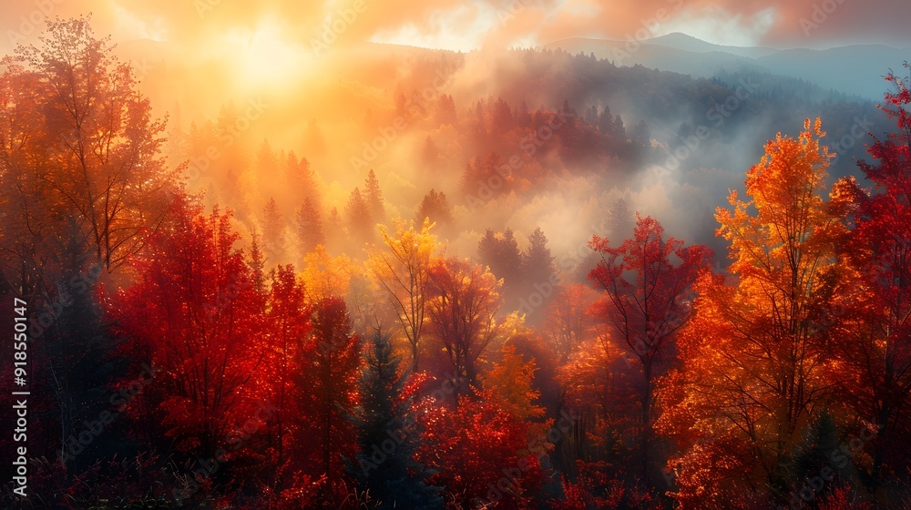 A Captivating Sunrise Over the Vibrant Autumn Foliage. Nature's Colorful Display concept A Captivating Sunrise Over the Vibrant Autumn Foliage. Nature's Colorful Display concept