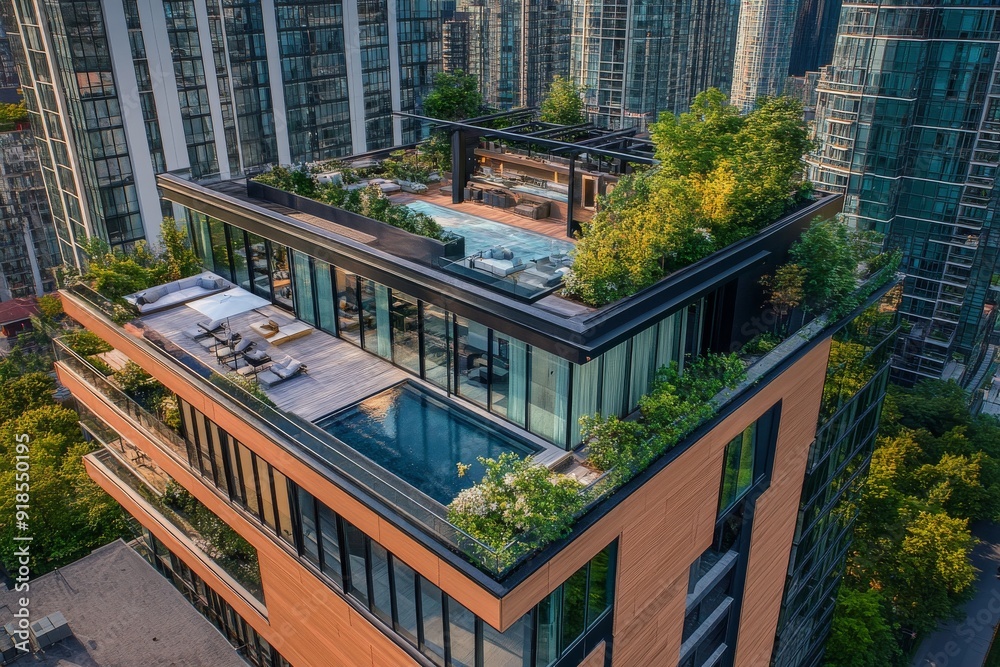 A modern condominium rooftop showcases luxurious amenities, including a pool and landscaped areas, offering a breathtaking view of the city skyline A modern condominium rooftop showcases luxurious amenities, including a pool and landscaped areas, offering a breathtaking view of the city skyline