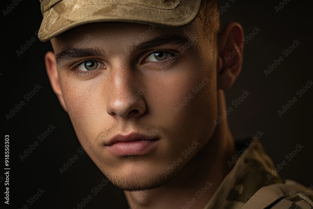 A soldier exudes confidence with a focused expression and intense gaze, embodying strength and determination against a subtly toned backdrop