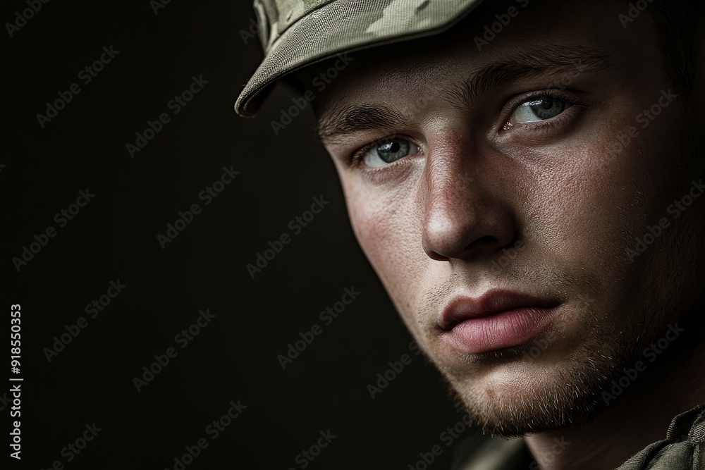 A soldier gazes intensely with determination, showcasing a strong and resolute expression as the lighting emphasizes his features A soldier gazes intensely with determination, showcasing a strong and resolute expression as the lighting emphasizes his features
