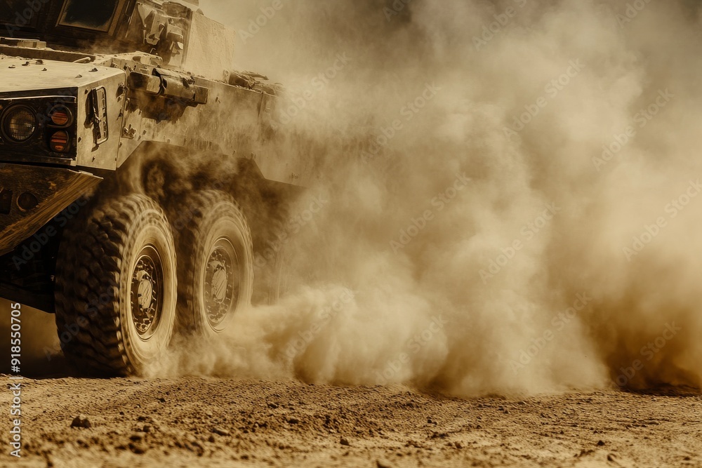 A military armored vehicle struggles through tough desert terrain, kicking up dust as it maneuvers over rocky ground in a challenging and dynamic environment A military armored vehicle struggles through tough desert terrain, kicking up dust as it maneuvers over rocky ground in a challenging and dynamic environment