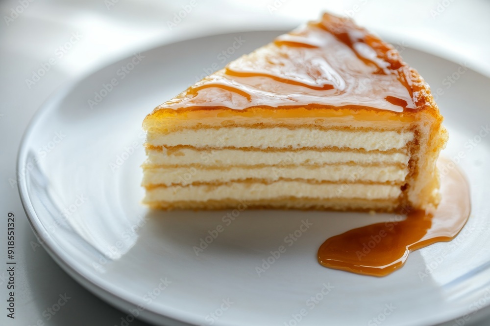 A slice of Napoleon cake rests on a white plate, revealing its intricate layers and topped with a glossy caramel sauce A slice of Napoleon cake rests on a white plate, revealing its intricate layers and topped with a glossy caramel sauce