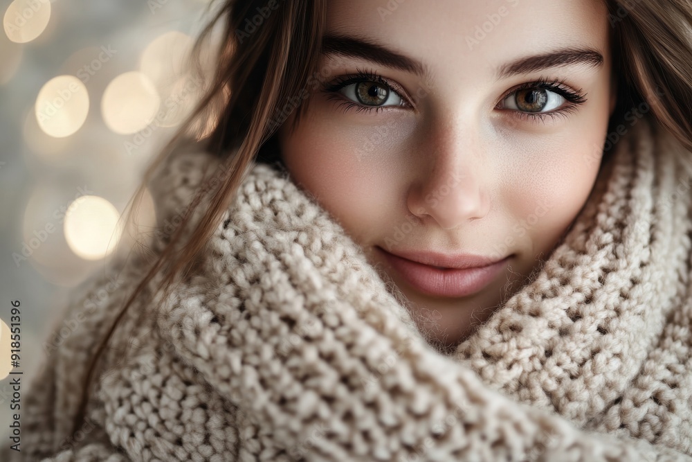 A young woman beams while nestled in a thick knit sweater, surrounded by soft, warm lights that create a cozy winter atmosphere A young woman beams while nestled in a thick knit sweater, surrounded by soft, warm lights that create a cozy winter atmosphere