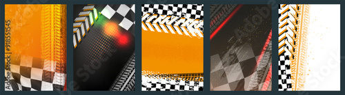 Car race background. Track flag pattern. Sport tire or rally checker for motorcycle speed road. Automobile drift mark. Motocross drive. Formula competition. Vector grunge posters set