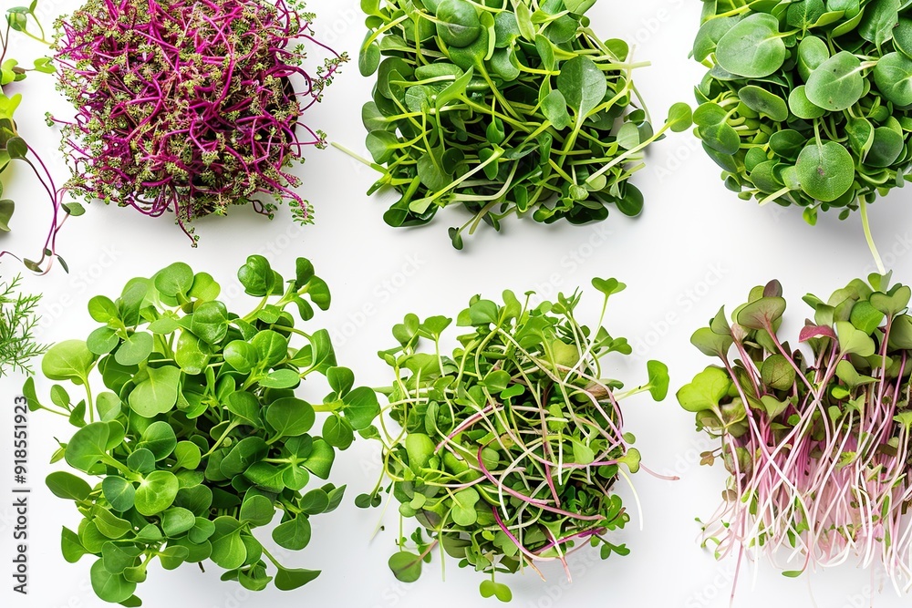 Obraz premium Different fresh microgreens on white background