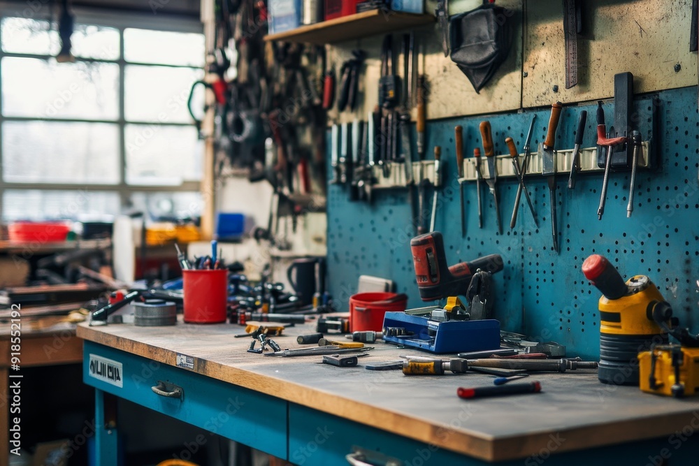 The workshop features a variety of tools and equipment neatly arranged on a blue workbench, illuminated by natural light from nearby windows