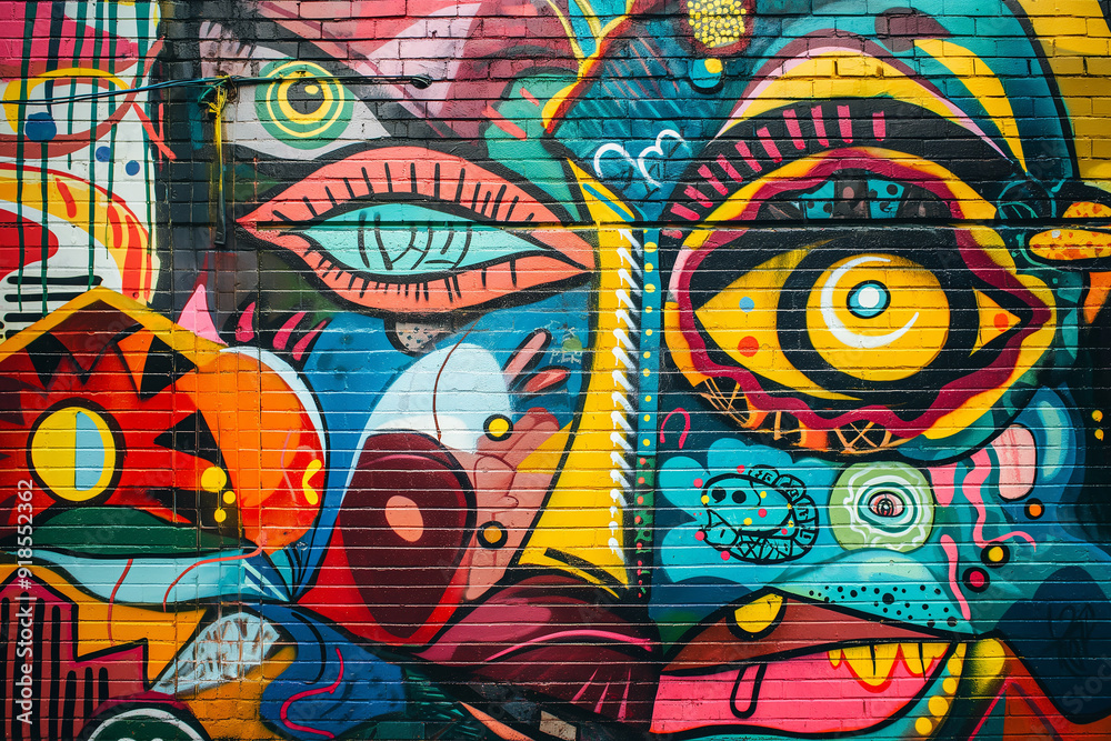 A close-up of a brightly painted brick wall with abstract graffiti, showcasing urban creativity and modern street art culture. A close-up of a brightly painted brick wall with abstract graffiti, showcasing urban creativity and modern street art culture.