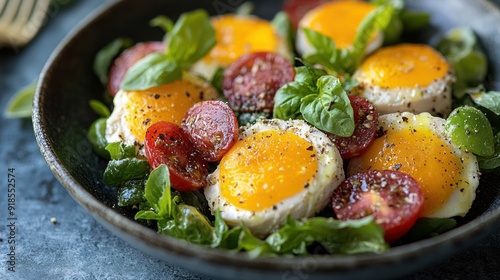 Fresh Salad with Cherry Tomatoes and Poached Eggs