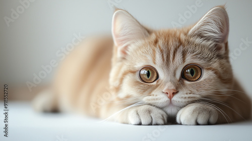 Scottish fold breed, golden chinchilla color. Adorable Scottish Fold kitten with golden chinchilla coloring, lying down with wide, curious eyes. Perfect image for cat lovers photo