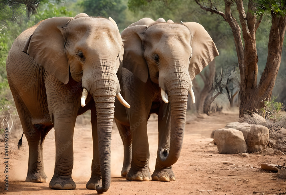 Fototapeta premium Two large african elephants walking on a dirt road