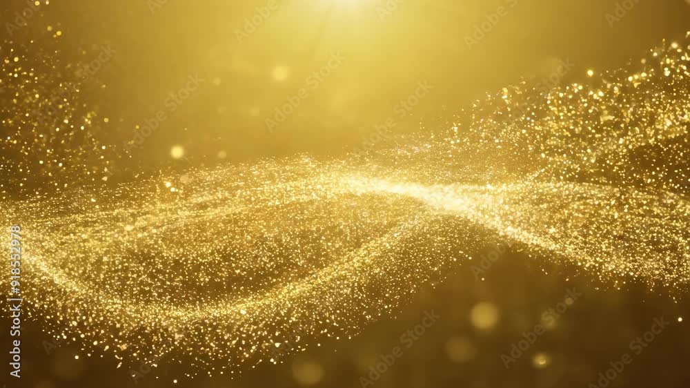 Shimmering golden particles create a mesmerizing wave effect under bright light.