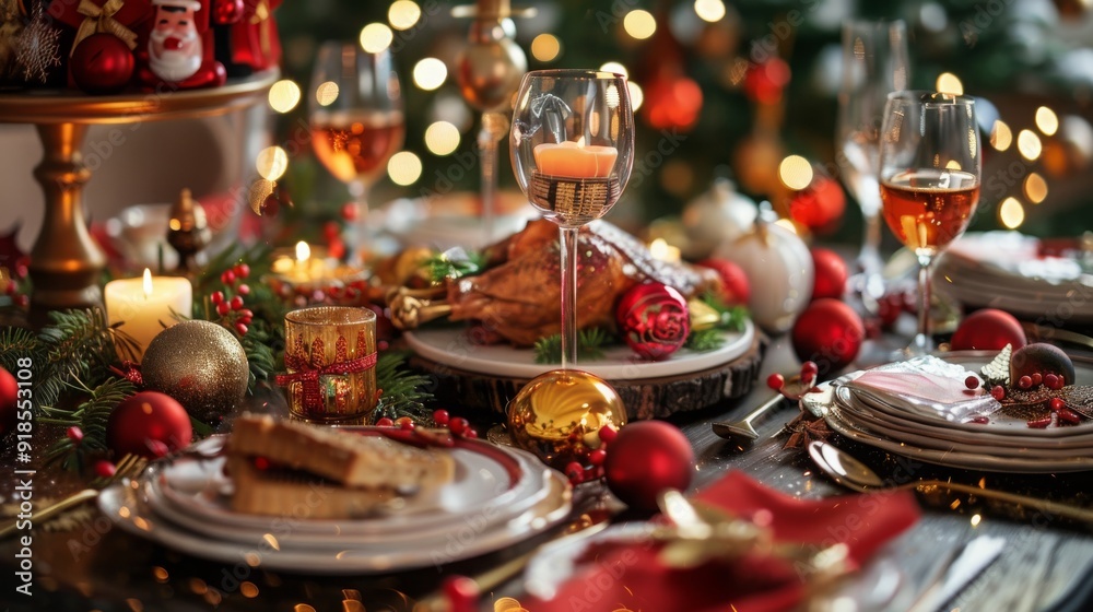Fototapeta premium A festive holiday table setting with a sumptuous feast and decorations --ar 16:9 Job ID: 5275b339-43d6-411e-9bc1-cfa36931b012
