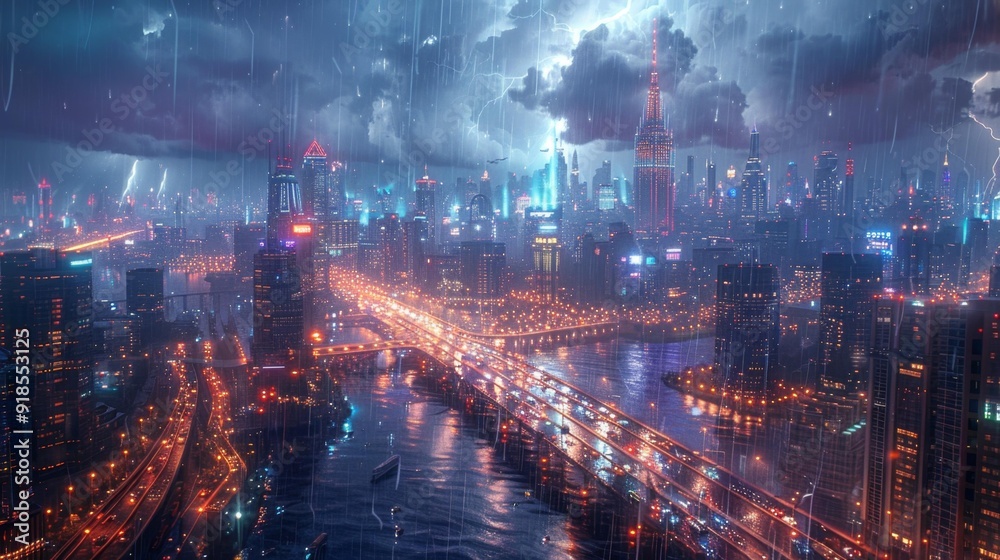 Stormy skyline of a futuristic city - generative ai Stormy skyline of a futuristic city - generative ai