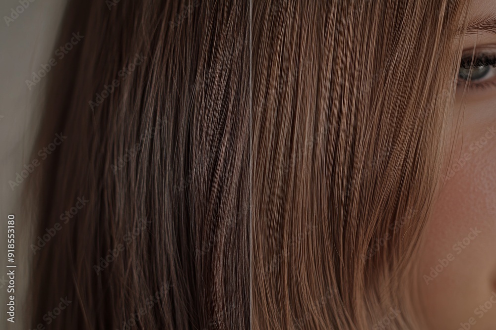 The closeup highlights a woman's hair, contrasting the untreated and professionally treated styles, showcasing a dramatic transformation The closeup highlights a woman's hair, contrasting the untreated and professionally treated styles, showcasing a dramatic transformation