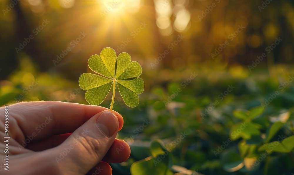 hand holding a clover against a sunset in a park hand holding a clover against a sunset in a park