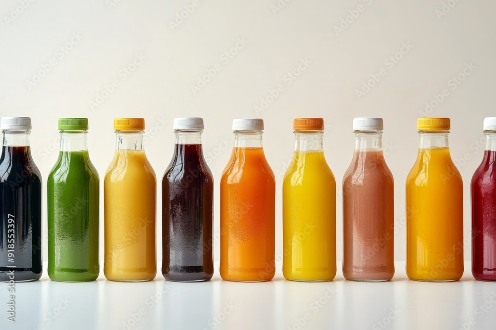 Fresh organic juices are neatly arranged in clear glass bottles against a clean white background, showcasing a variety of vibrant colors and flavors