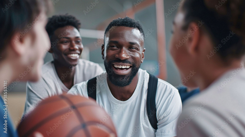 Basketball Coach Strategizing With Players in a Gym During Team Practice Session