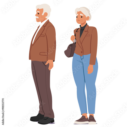 Elderly Man And Woman Standing In Profile View. Senior Man Is In A Brown Suit While The Woman Is Dressed Casually