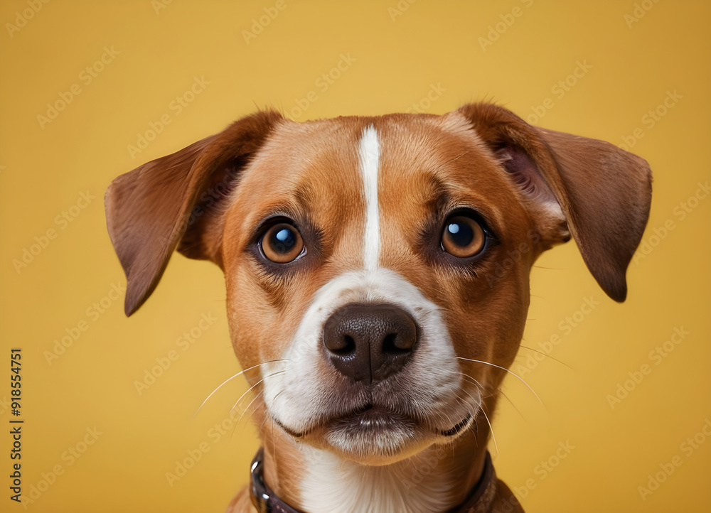 Adorable brown and white dog posing on yellow background Adorable brown and white dog posing on yellow background