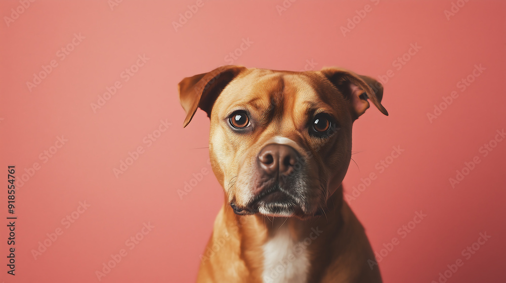 portrait of cute brown boxer dog looking at camera on pink background portrait of cute brown boxer dog looking at camera on pink background