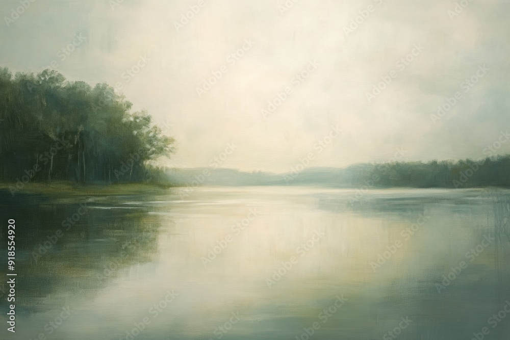 The serenity of a river surrounded by lush trees, bathed in gentle light during the early morning hours The serenity of a river surrounded by lush trees, bathed in gentle light during the early morning hours