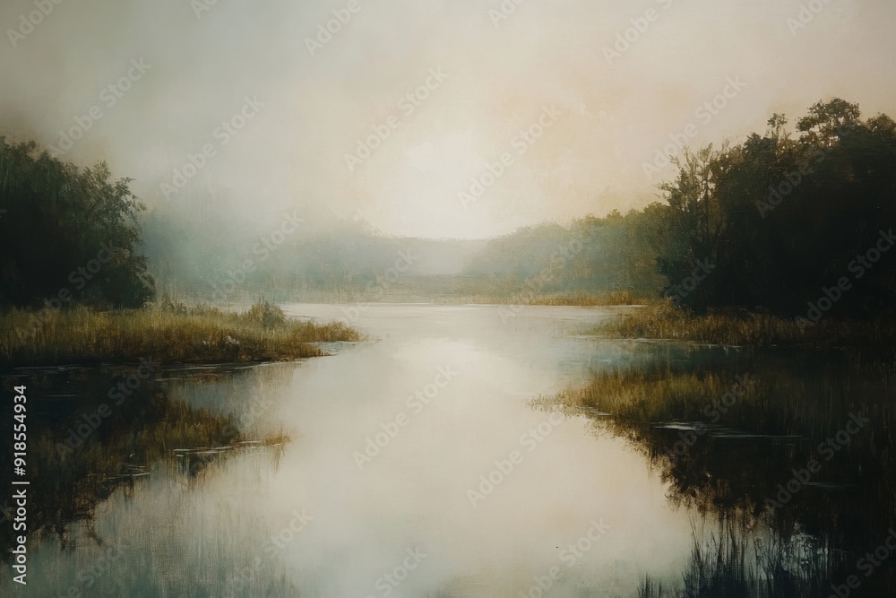 A tranquil river flows through a serene landscape, bordered by lush greenery and softened by gentle fog as the day transitions into evening A tranquil river flows through a serene landscape, bordered by lush greenery and softened by gentle fog as the day transitions into evening
