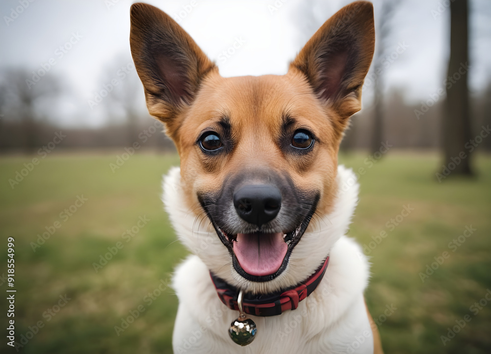 Fototapeta premium Happy dog smiling outdoors wearing collar with bell
