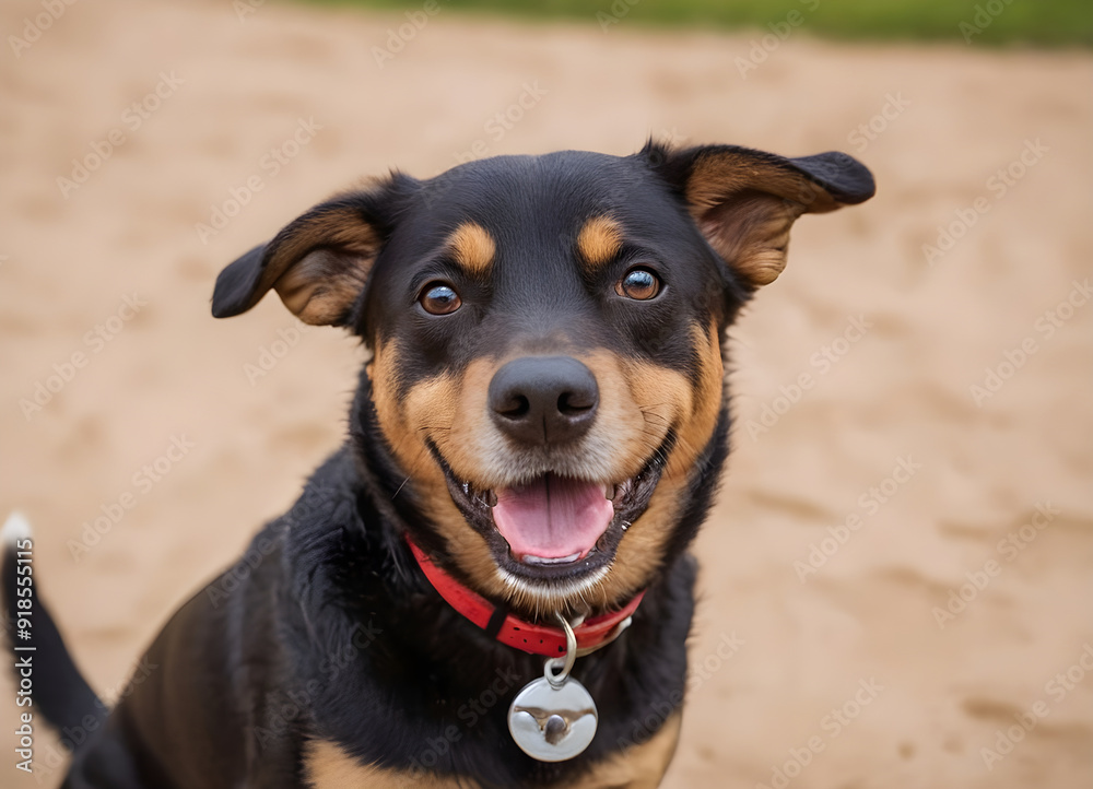 Happy dog smiling outdoors wearing red collar Happy dog smiling outdoors wearing red collar