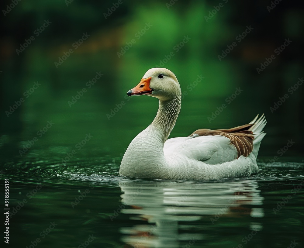 white and brown goose swimming in the water of a green pond white and brown goose swimming in the water of a green pond