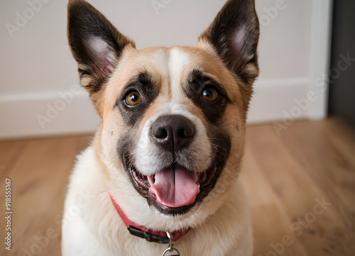 Happy dog smiling and panting at home photo