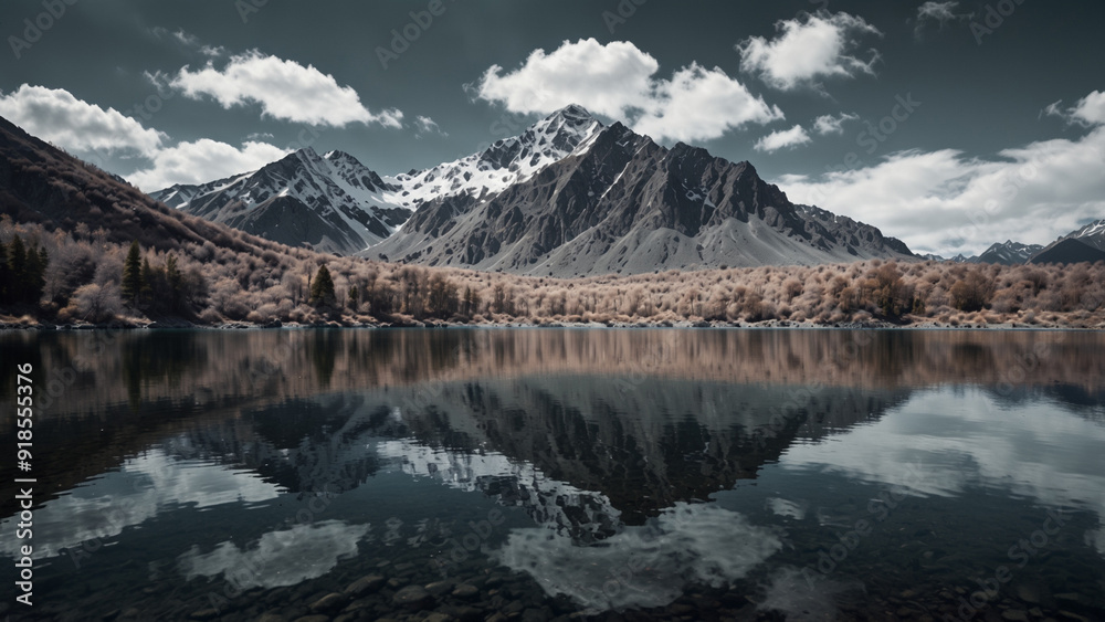 Obraz premium A wide-angle shot of a mountain range reflected perfectly in a still lake