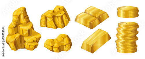 Gold bar. Golden nugget. Coins stack. Jewel boulders. Expensive metal. Geological material. Goldmine ore. Yellow metallic money. Treasure cobble. Vector isolated goldmine prills set