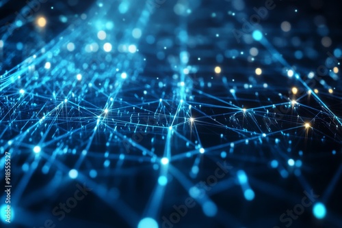 A vast digital network filled with glowing particles and interconnected data lines creates a dynamic three-dimensional grid in a cyberspace environment