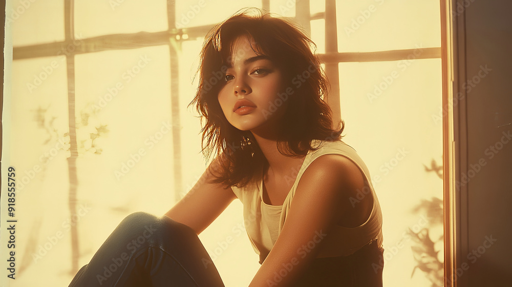 Fototapeta premium Young woman sitting by window in soft golden light
